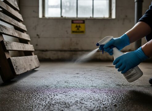 Worker Hands in Blue Nitrile Gloves Spraying Bleach Solution on Concrete Floor with Biohazard Warning Sign