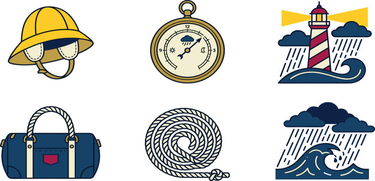 Nautical Travel and Maritime Adventure Icon Set featuring Pith Helmet Barometer Lighthouse Stormy Sea Wave Rope Coil and Duffel Bag Vector Designs