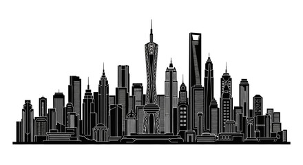 Obraz premium Black and white city skyline silhouette with detailed skyscrapers