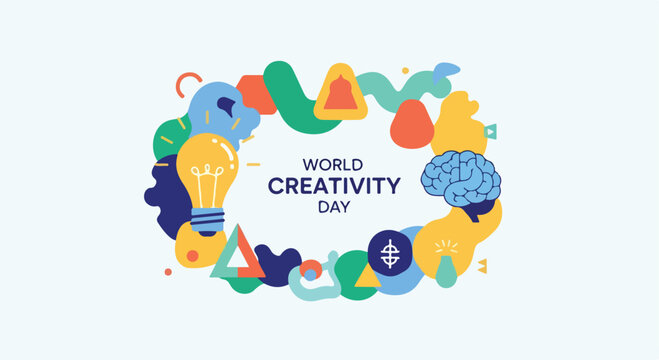 World Creativity Day vector illustration, colorful abstract brain and lightbulb icons, creative thinking and innovation concept banner