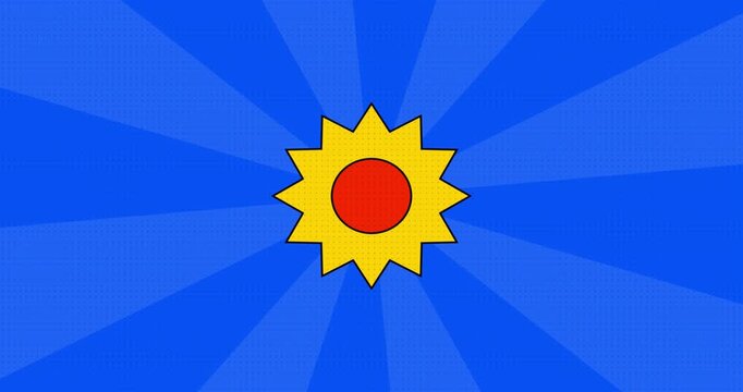 Animated cartoon sun shining on blue background with radiating rays and small star appearing.