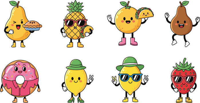 Cute Kawaii Fruit and Donut Character Set Featuring Pear Pineapple Lemon Strawberry and Orange Mascots Holding Food for Kids Sticker Designs