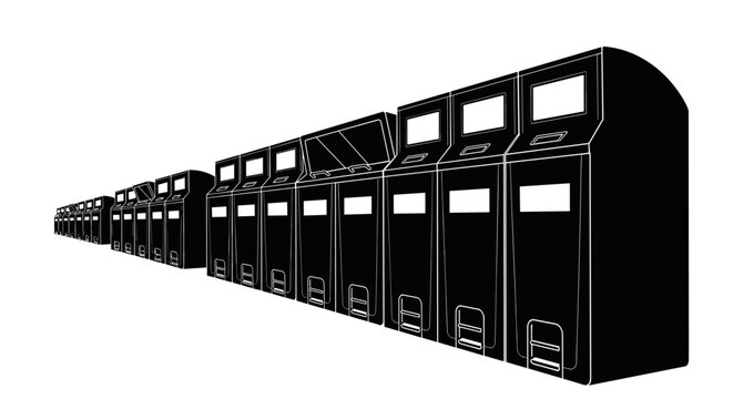 Long train or subway cars lined up receding into the distance, industrial transport, urban transit, rail infrastructure, black silhouette on white