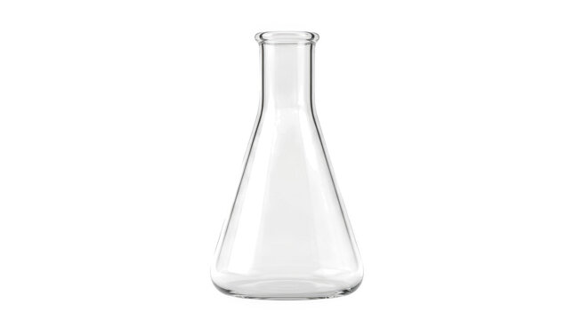 Glass volumetric flask with narrow neck and measurement markings on white background.