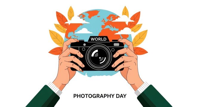 World photography day illustration hands holding camera with globe celebrating global art
