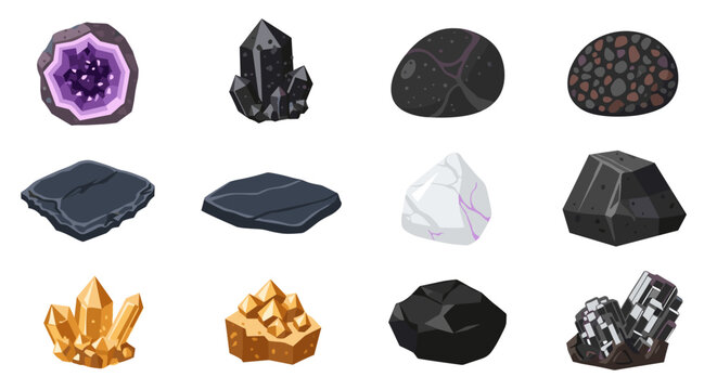 Collection of twelve different mineral and crystal icons, natural stone elements, geology gems, earth elements