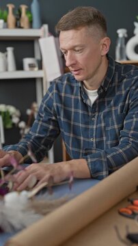 Man florist arranging flowers with hands over wrapping paper and laptop in studio; calm concentration small business.