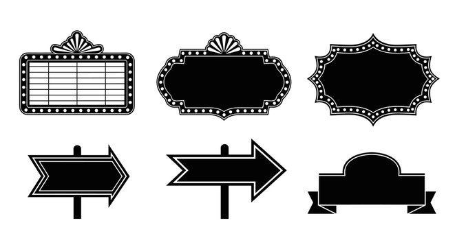 Set of decorative black silhouettes including ornate marquee frames, vintage sign shapes, and directional arrow pointers, isolated on white