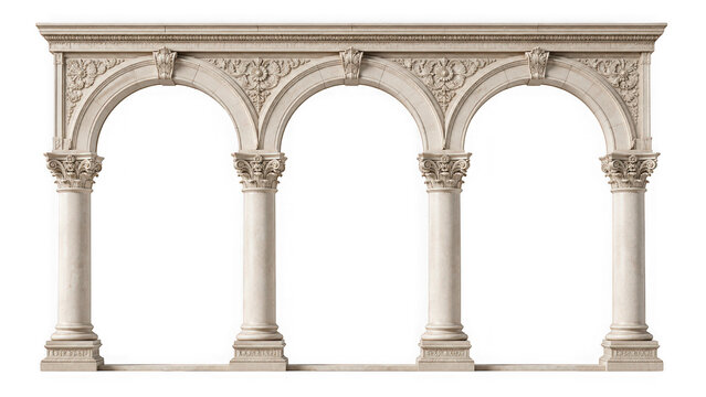 Classical architectural arcade with three stone arches as PNG asset isolated on transparent background