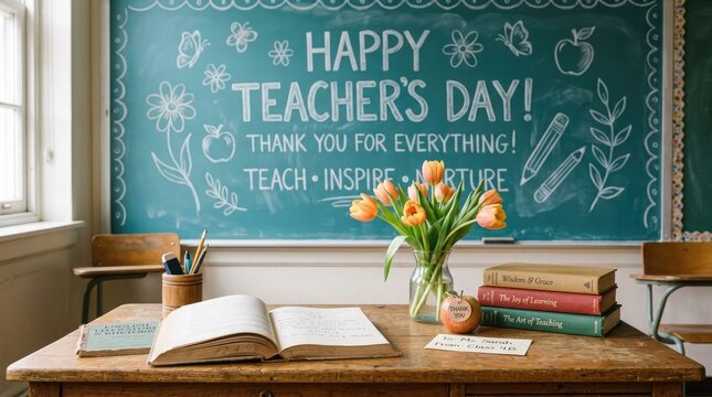 Teacher's day classroom setup with flowers and open textbook