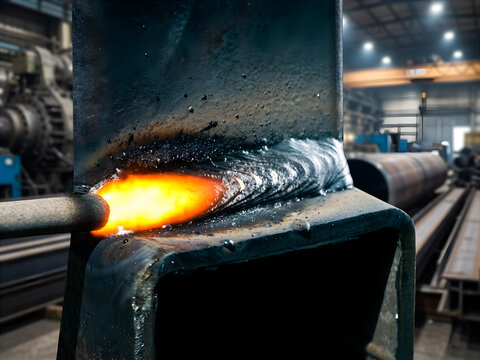 Industrial concept. welding on heavy steel beams, set against a softly blurred, brightly lit manufacturing factory workshop background. Copy space