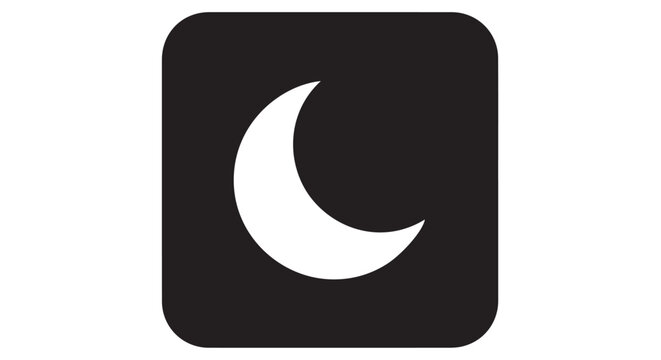 Crescent moon icon on black square background dark mode ui element