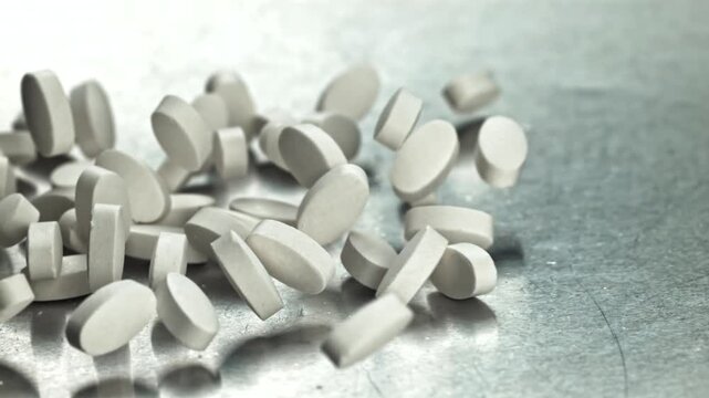 White tablets spilling across textured metal, macro view of compact Filmed on a high-speed camera at 1000 fps.