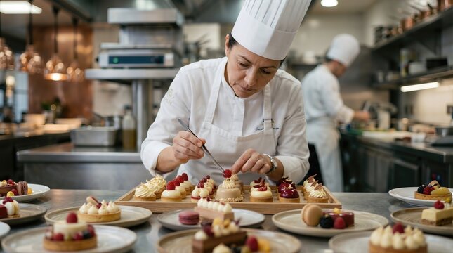 Female chef in white uniform meticulously decorates desserts with fresh berries in a modern restaurant kitchen, additional chefs working in the background