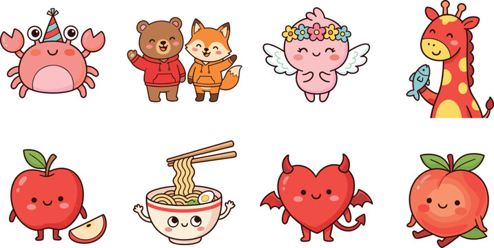Cute Kawaii Sticker Element Set Featuring Cartoon Animals Fruits Food and Heart Characters for Kids Journaling Planners and Greeting Card Designs