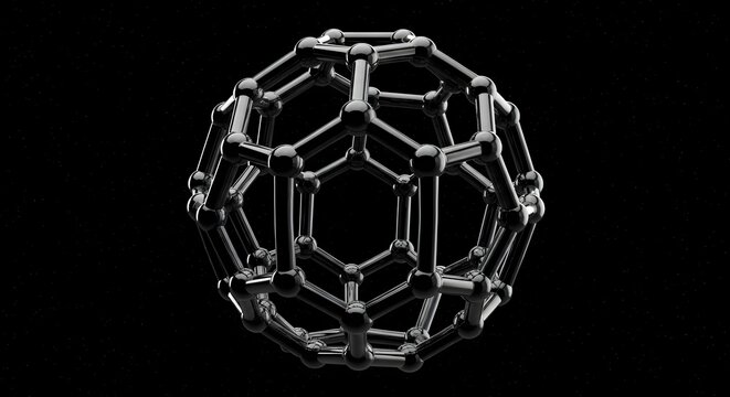 Buckminsterfullerene molecule structure on black background
