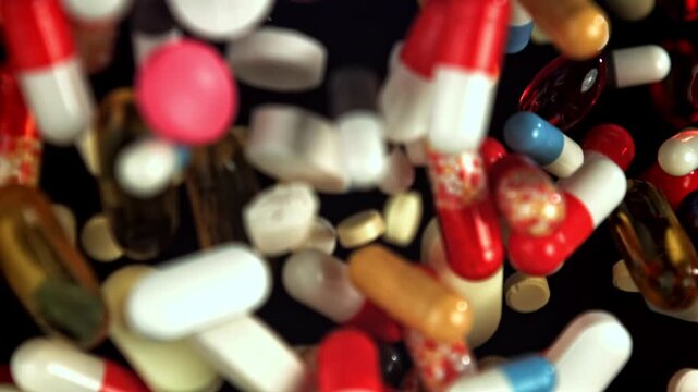 Floating colorful medications on black background, closeup chaos Filmed on a high-speed camera at 1000 fps.