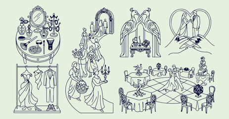Obraz premium elegant dinner party, ballroom scene illustration, sophisticated banquet art, formal evening gathering, luxury dining drawing, classic social event, vector party art 