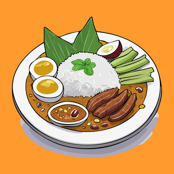 Traditional mixed rice dish or nasi campur with egg meat and vegetables on orange plate Vector Illustration