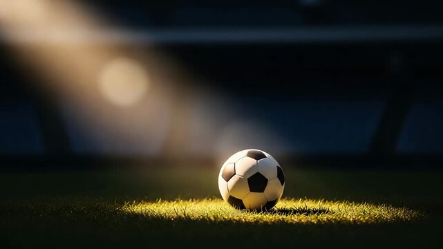 Soccer ball on grass field under spotlight