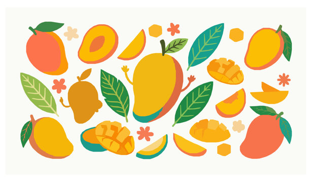 Cute tropical mango fruit collection vector illustration with colorful sliced mango elements isolated on white background