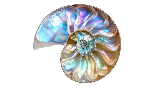 An ancient nautilus shell, spiral-shaped, with brown patterns on a white background.