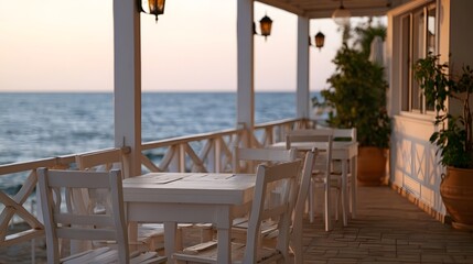 Fototapeta premium Serene seaside cafe balcony illuminated by warm golden hour light creating a peaceful and tranquil atmosphere