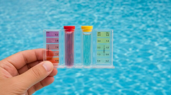 Checking swimming pool water chemistry with pH and chlorine test kit