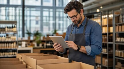 Obraz premium Small business owner using tablet for inventory in retail store