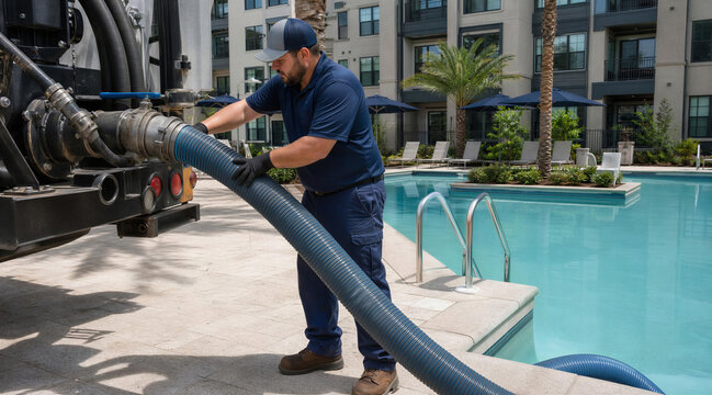 Professional Pool Maintenance Worker Using Vacuum Truck Suction Hose