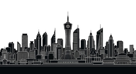 Fototapeta premium Macau City Skyline Silhouette, Vector Illustration of Landmarks