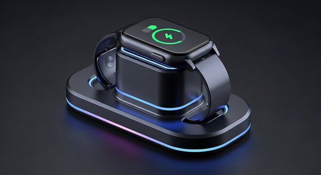 Smartwatch charging on modern wireless charger with glowing lights. apple iwatch