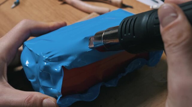 Close-up of hands using a heat gun to seal blue shrink film around a lithium battery pack on a workbench. Concept of DIY electronics repair, energy storage assembly, and technical precision.