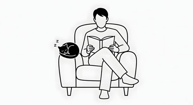 A person reading a book comfortably on an armchair with a sleeping cat nearby, symbolizing relaxation and quiet leisure time