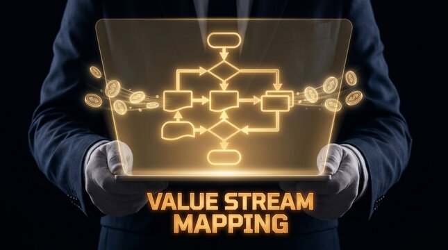 Value Stream Mapping Concept with Flowchart and Gold Coins Held by Businessman.