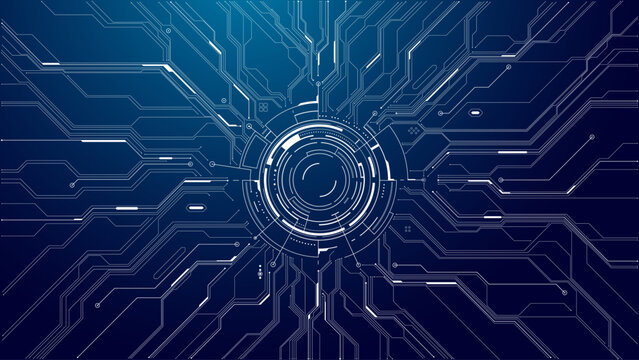 Abstract digital circuit background with circle HUD ring, AI technology elements, geometric patterns, glowing lines and dots creating futuristic cyber interface for tech projects. Vector illustration