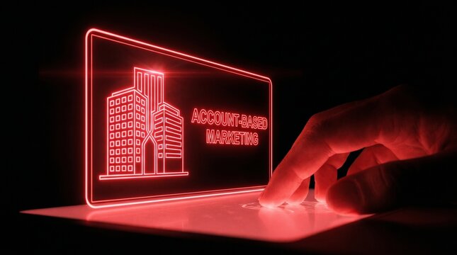Neon Account Based Marketing ABM Concept on Laptop Screen with Glowing Red Light.