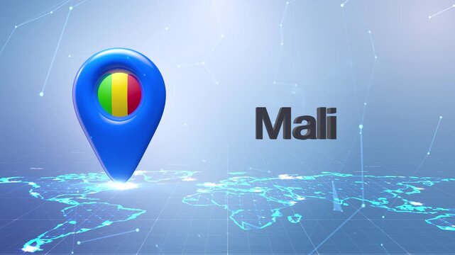 Mali Flag Inside Location Pin On Digital World Map Animation