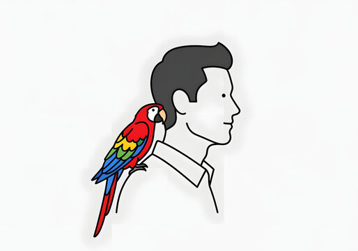 A man's profile with a colorful parrot perched on his shoulder, showcasing a unique human-animal bond in a simple illustration