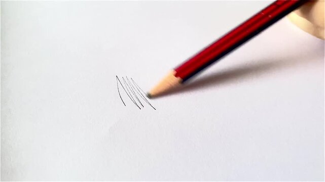 footage of Hand holding red pencil drawing lines on white paper