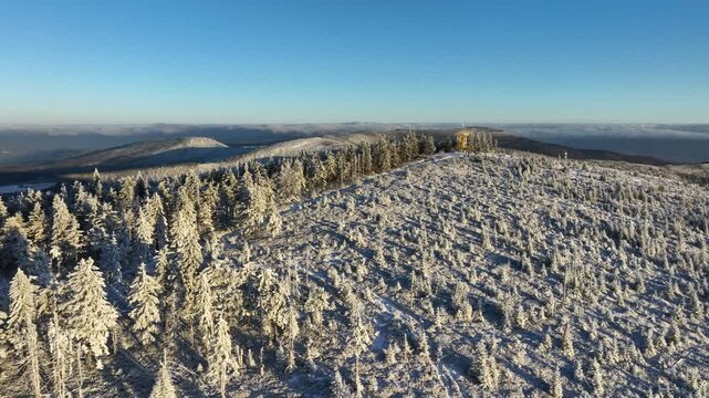 Barania Gora Observation Tower Winter Sunrise Aerial Ascent
