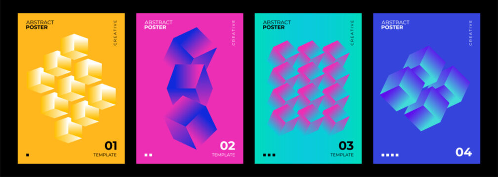 Abstract Posters Collection. 3d block shapes. Bright color gradients. Templates for creative futuristic graphic designs. Vector illustration.