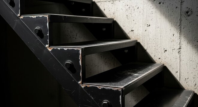 Industrial Black Metal Steps Showing Worn Texture Against Concrete Wall