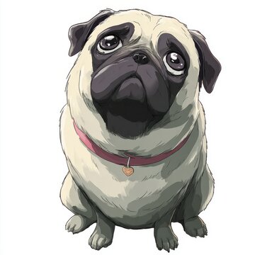 Sad Pug Dog With Big Eyes And Pink Collar Sitting Down Looking Up