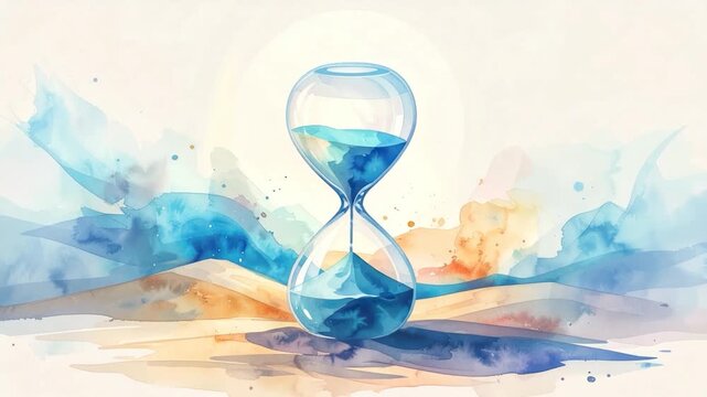Watercolor hourglass filled with blue liquid in abstract colorful landscape representing time and nature