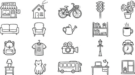 Fototapeta premium Everyday lifestyle outline icon vector collection with cafe furniture bicycle home backpack camera bus and workspace symbolsEveryday lifestyle outline icon vector collection with cafe furniture bicycl