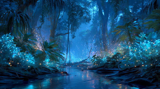 Magical tropical rainforest with glowing bioluminescent plants and mystical blue fantasy forest landscape at night.