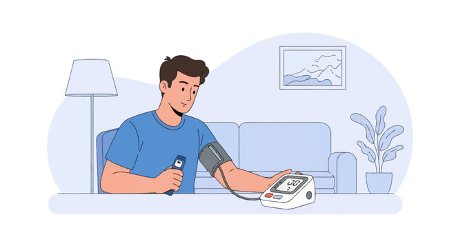 Vector illustration of a man sitting in a living room using a digital blood pressure monitor with an inflatable cuff on his arm to check his cardiovascular health at home.