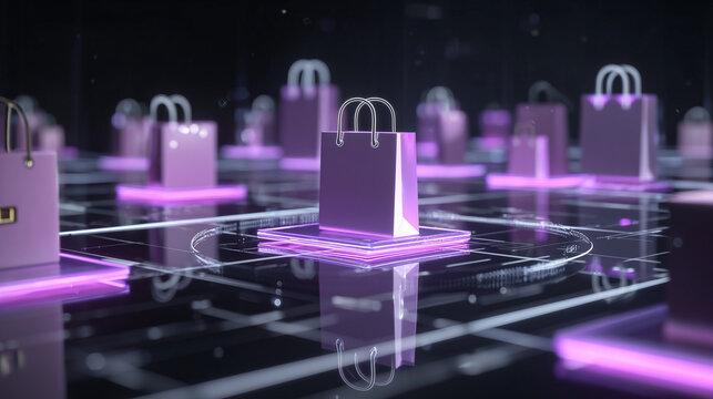 Futuristic online shopping concept with metallic purple shopping bags on glowing digital interface.