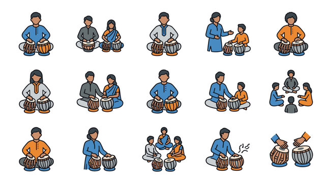 Colorful collection of diverse people playing the traditional tabla percussion instrument vector